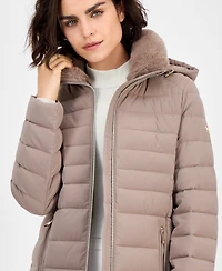 Michael Kors Petite Faux-Fur-Collar Hooded Packable Puffer Coat