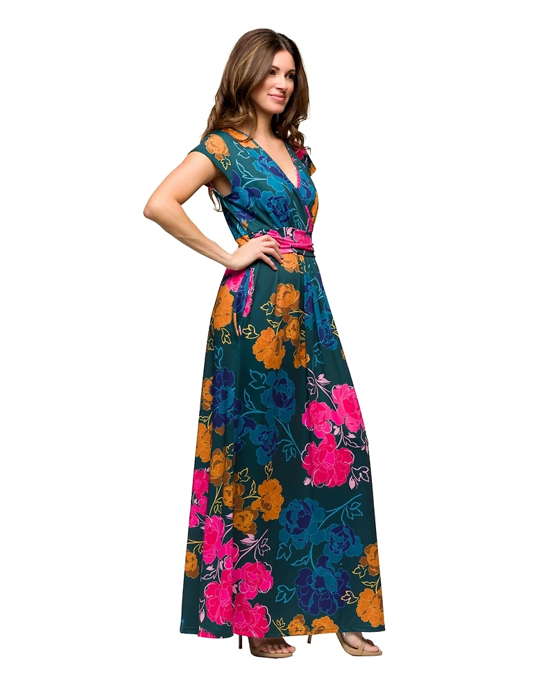 24seven Comfort Apparel Women's Cap Sleeve V Neck Side Slit Pocket Maxi Dress