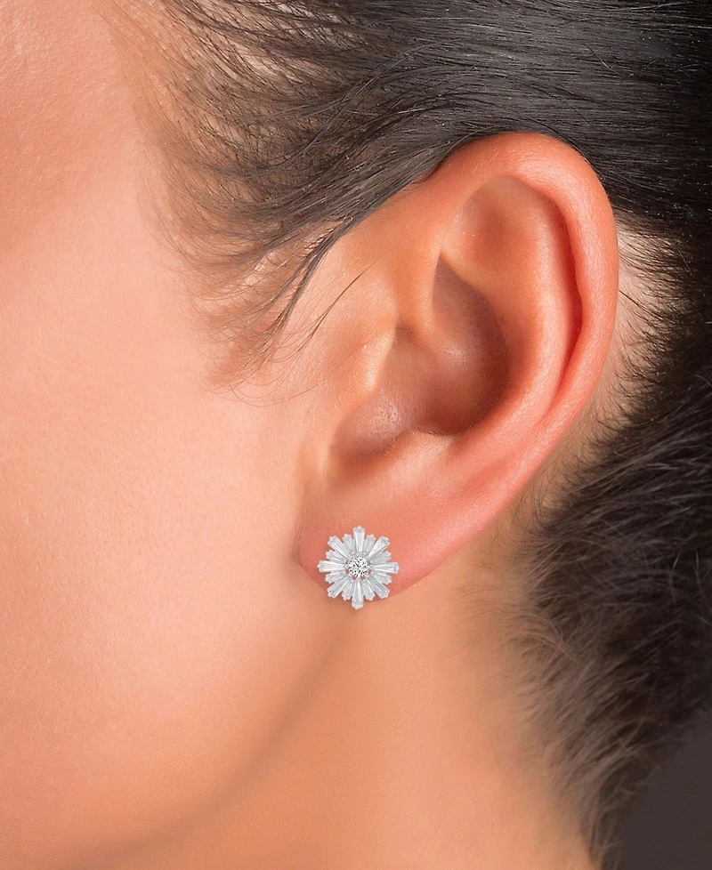 Cubic Zirconia Round & Baguette Flower Stud Earrings in Sterling Silver