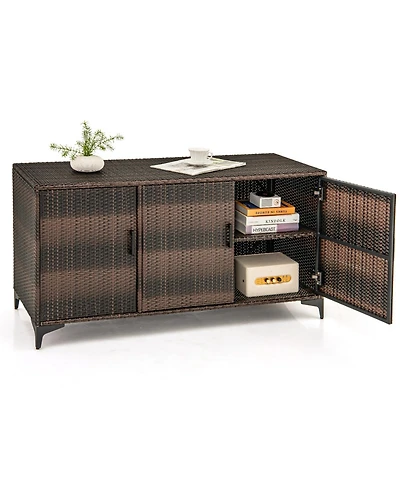 Patio Wicker Deck Box with 3 Doors and Removable Shelves – Pe Rattan Storage Container for Outdoor Use