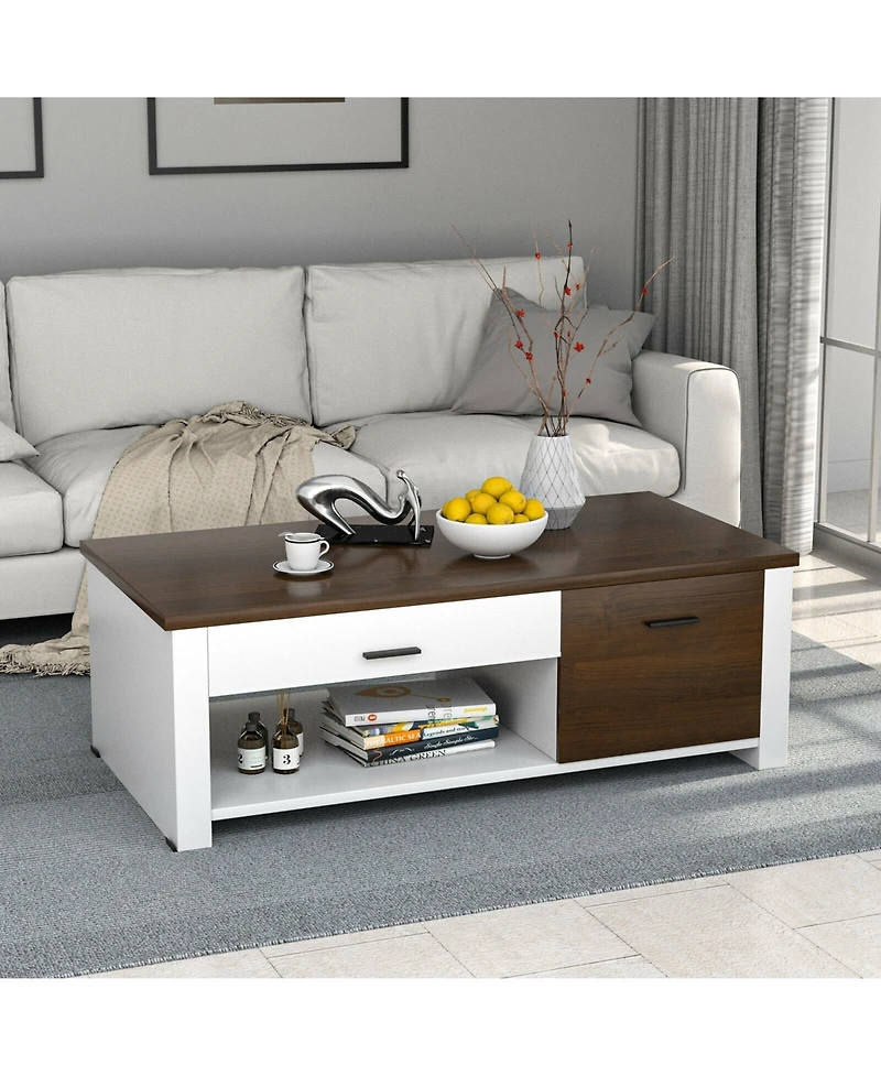 Modern Coffee Table with Front Back Drawers and Compartments for Living Room