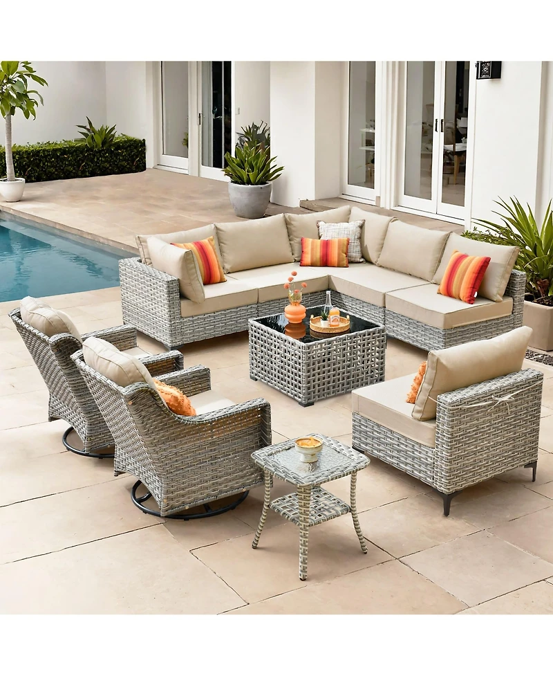 Xizzi 10 Piece Outdoor Patio Furniture with Swivel Rocking Chairs,All Weather Rattan Wicker Sectional Coversation Set Solar Coffee Table, Single
