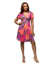 24seven Comfort Apparel Women's Pink Paisley V Neck Empire Waist Knee Length Dress