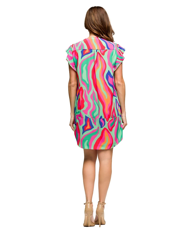 24seven Comfort Apparel Women's Multicolor Print V Neck Cap Sleeve Knee Length Pocket Dress