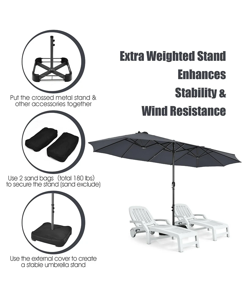 Gymax 15 ft Double-Sided Patio Umbrella Market Twin w/ Enhanced Base