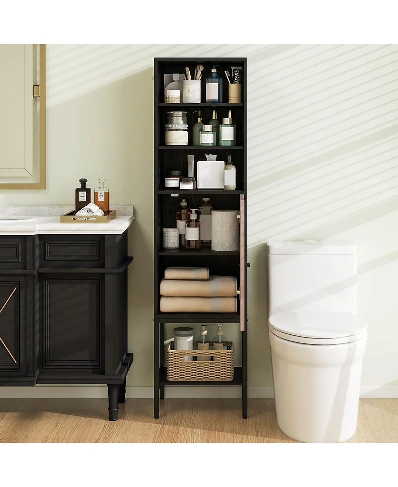 57" Bathroom Tall Cabinet with 1 Door and 4 Shelves Freestanding Floor