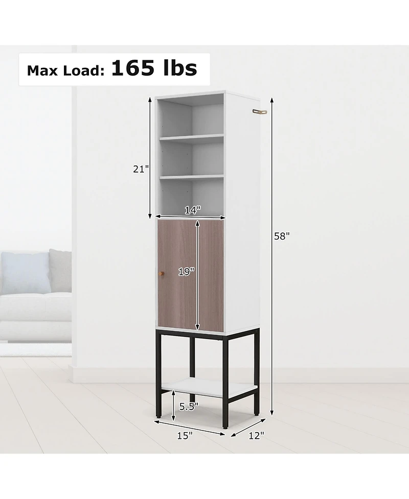 57" Bathroom Tall Cabinet with 1 Door and 4 Shelves Freestanding Floor Cabinet