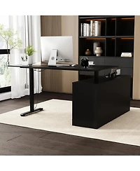 63 in. Width L-Shape Black Wooden 3-Drawer Computer Desk with Adjustable Height, Open Shelves & A Door Storage Cabinet