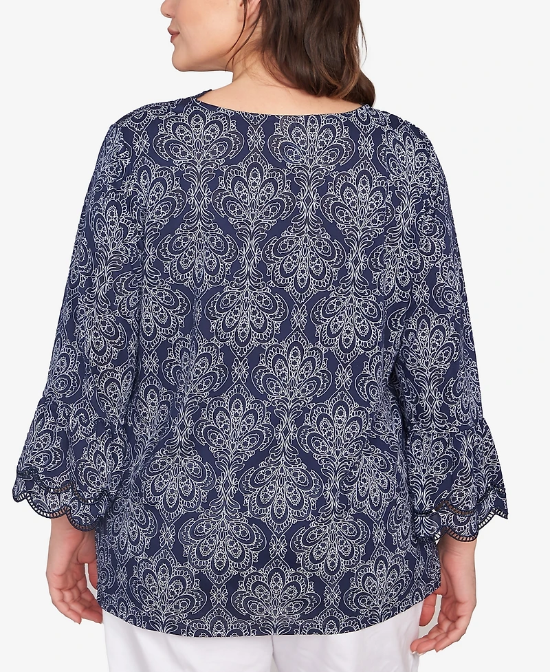 Ruby Rd. Plus Size Print Solid Burnout Top