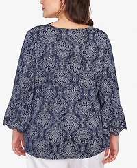 Ruby Rd. Plus Size Print Solid Burnout Top