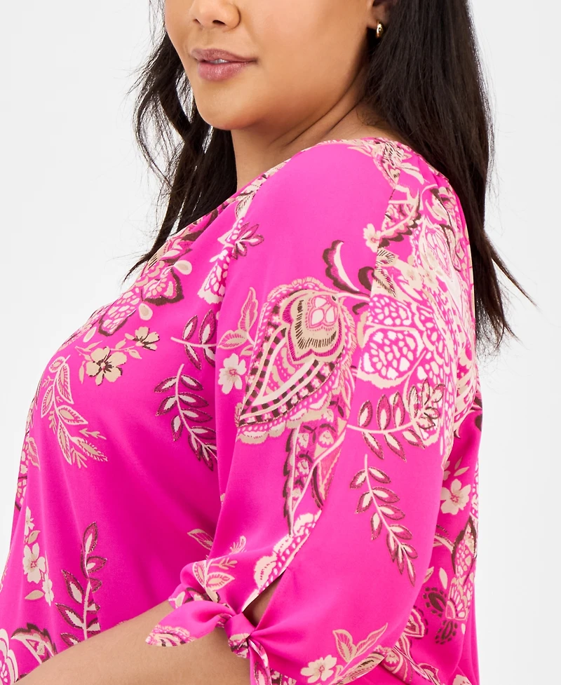 Jones New York Plus Paisley-Print Tie-Sleeve Blouse