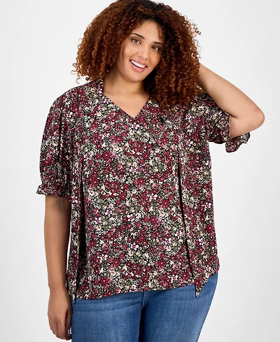 Jones New York Plus Printed Tie-Neck Short-Puff-Sleeve Blouse