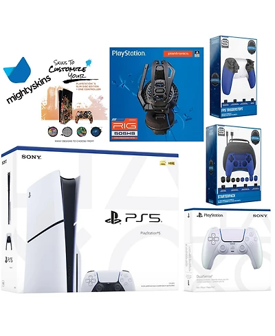 Sony Playstation 5 Slim Disc Bundle with Extra Controller, Plantronics Headset, Pro Gamer Kit, Trigger Kit and MightySkins Decal Voucher