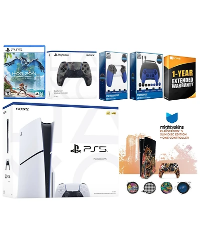 Sony Playstation 5 Slim Disc with Horizon Forbidden West, Extra Controller, Gamer Kit, Trigger Kit and MightySkins Decal Voucher + 1 Year Cps Extended