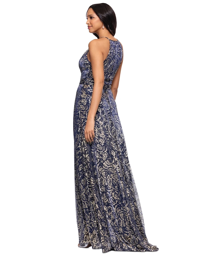 Betsy & Adam Petite Metallic Floral Print Sleeveless Gown