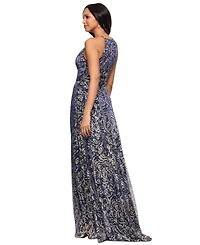 Betsy & Adam Petite Metallic Floral Print Sleeveless Gown