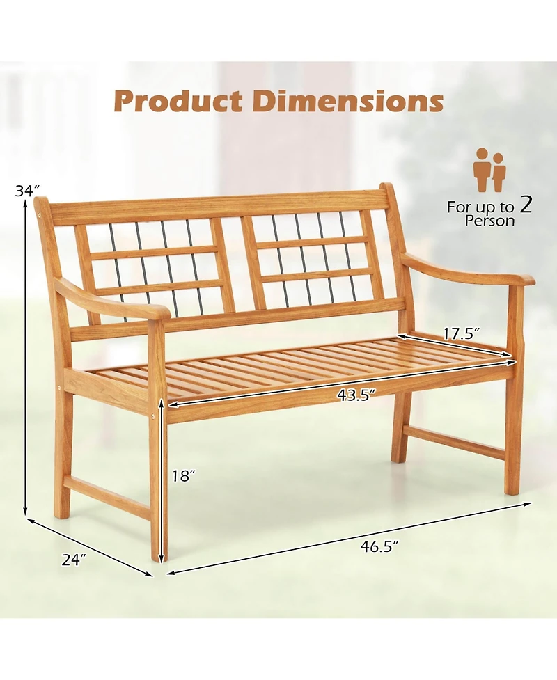 Outdoor Acacia Wood Bench 2-Person Patio Bench with Slatted Seat & Backrest