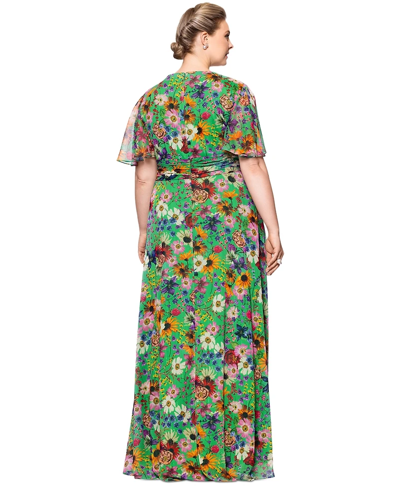 Betsy & Adam Plus Floral-Print Flutter-Sleeve A-Line Dress