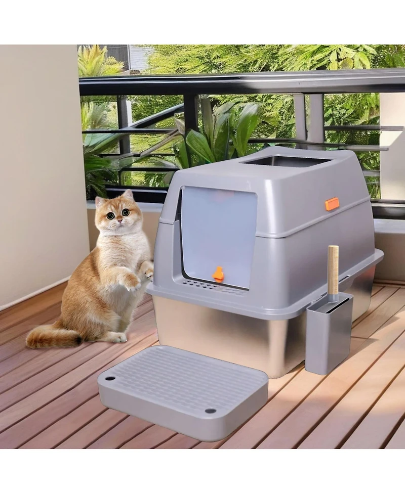 Bingopaw Stainless Steel Cat Litter Box With Lid, Scoop ,Filter Pedal