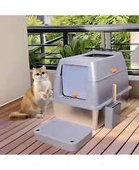 Bingopaw Stainless Steel Cat Litter Box With Lid, Scoop ,Filter Pedal