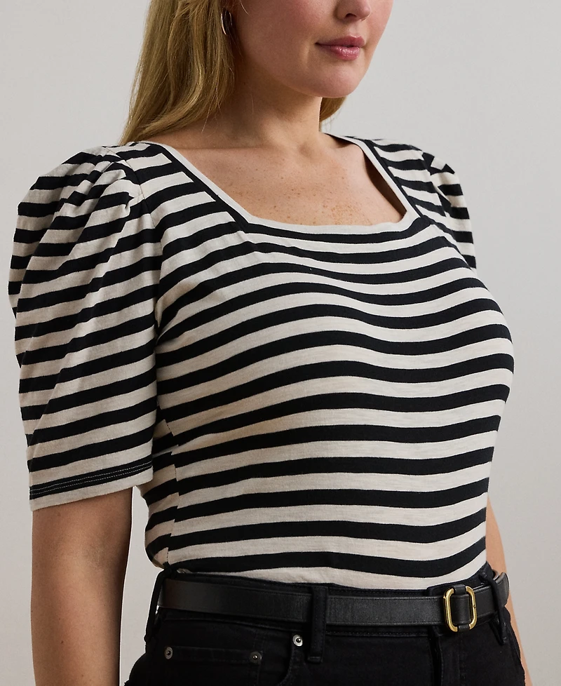 Lauren Ralph Lauren Plus Size Striped Cotton Jersey Puff-Sleeve Tee