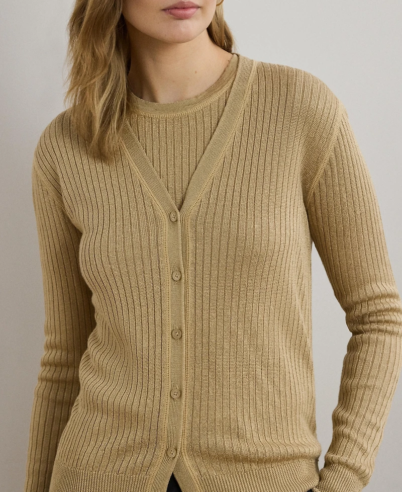 Lauren Ralph Women's Rib-Knit Linen-Blend V-Neck Cardigan