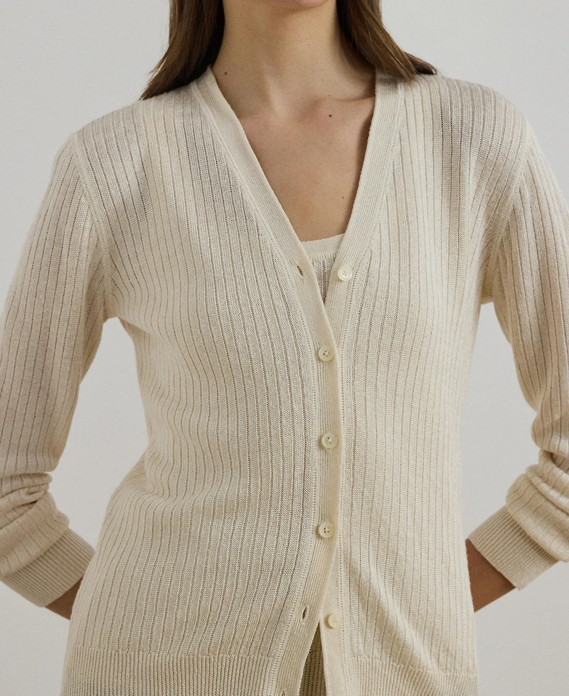 Lauren Ralph Women's Rib-Knit Linen-Blend V-Neck Cardigan