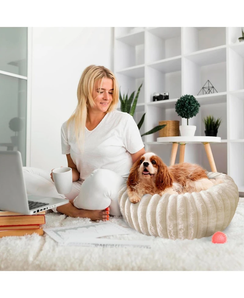 Elle Decor Round Wide Wale Pet Cuddler Bed, Anti-Skid Bottom, Bedding for Dogs and Cats