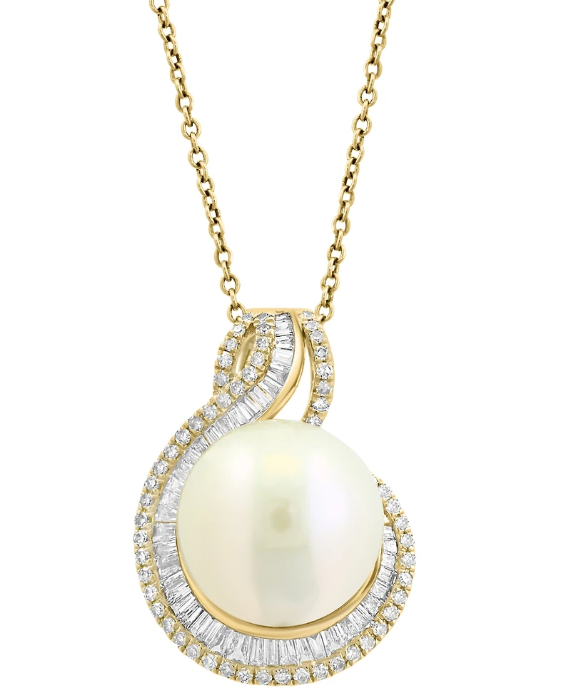 Effy Cultured Freshwater Pearl (12mm) & Diamond (1/2 ct. t.w.) Swirl Pendant Necklace in 14k Yellow Gold, 17" + 1" extender