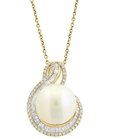Effy Cultured Freshwater Pearl (12mm) & Diamond (1/2 ct. t.w.) Swirl Pendant Necklace in 14k Yellow Gold, 17" + 1" extender