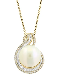 Effy Cultured Freshwater Pearl (12mm) & Diamond (1/2 ct. t.w.) Swirl Pendant Necklace in 14k Yellow Gold, 17" + 1" extender