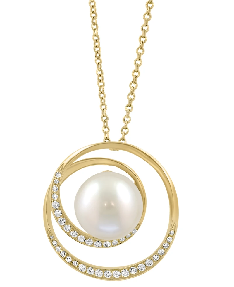 Effy Cultured Freshwater Pearl (9-1/2mm) & Diamond (1/5 ct. t.w.) Pendant Necklace in 14k Yellow Gold, 17" + 1" extender