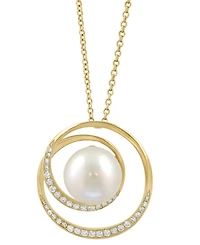 Effy Cultured Freshwater Pearl (9-1/2mm) & Diamond (1/5 ct. t.w.) Pendant Necklace in 14k Yellow Gold, 17" + 1" extender