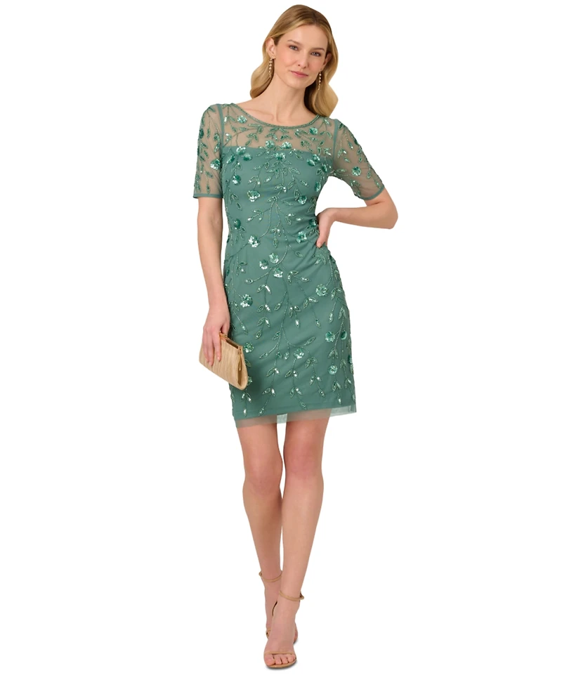 Adrianna Papell Women's 3D Floral Beaded Sheath Dress