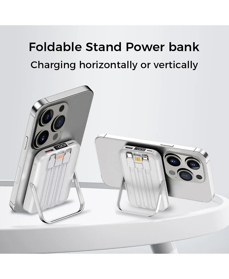 10000mAh Magnetic Power Bank w/ Stand- 3 Cables & Wireless Charging