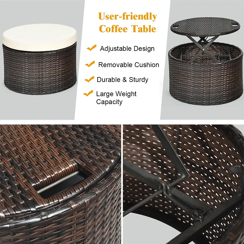 Patio Rattan Daybed Cushioned Sofa Adjustable Table Top Canopy 3 Pillows