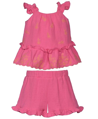 Bonnie Baby Girls 2-Piece Embroidered Ruffle Top and Shorts Set