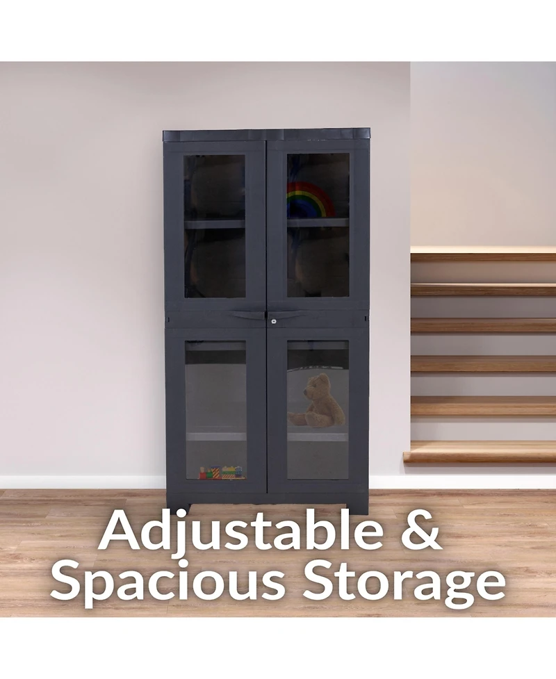 Plastic Lockable Storage Cabinet with 3 Adjustable Shelves and Windows - Charcoal