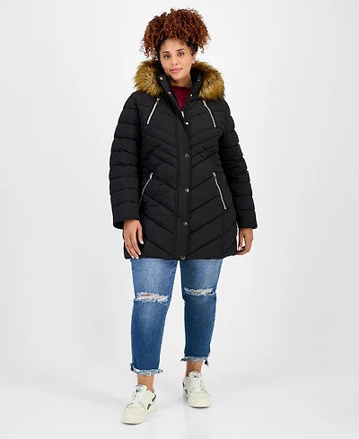 Maralyn & Me Juniors' Plus Faux-Fur Hooded Puffer Coat
