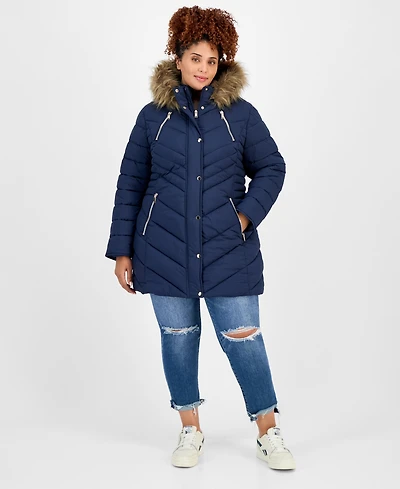 Maralyn & Me Juniors' Plus Faux-Fur Hooded Puffer Coat