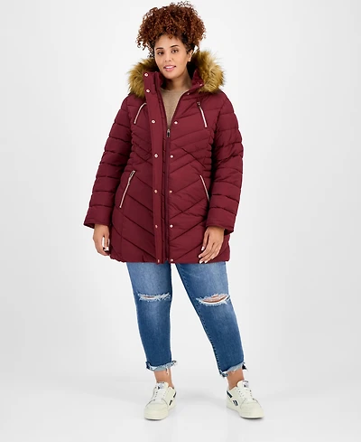 Maralyn & Me Juniors' Plus Size Faux-Fur Hooded Puffer Coat