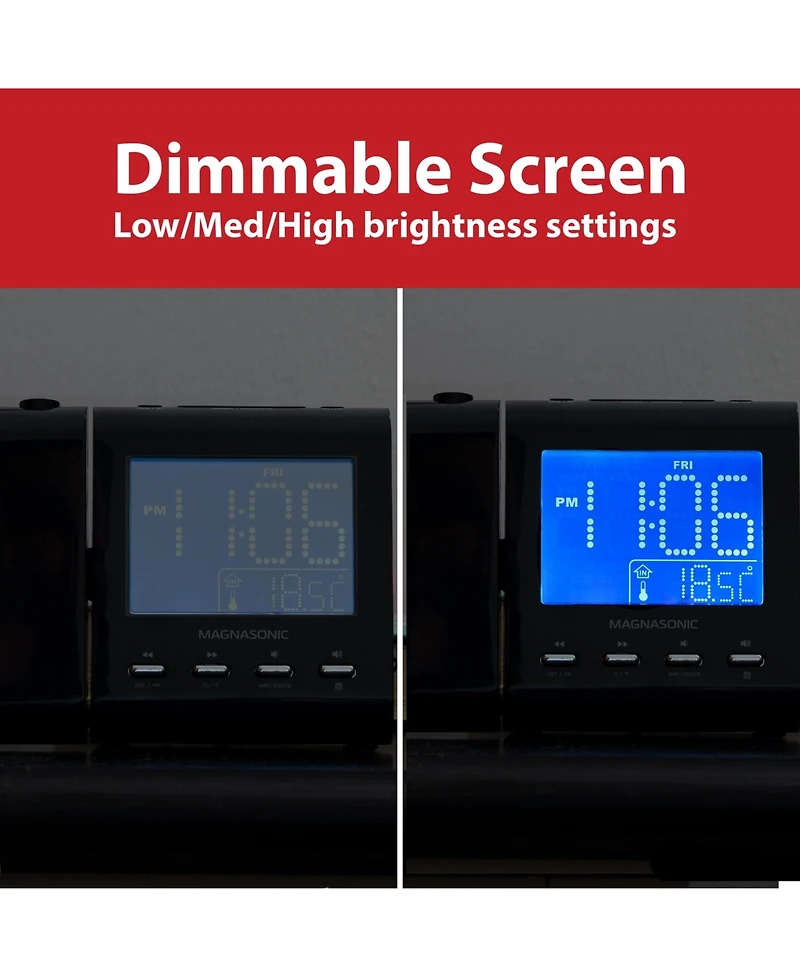 Magnasonic Projection Alarm Clock with Am/Fm Radio, Battery Backup, Auto Time Set, Dual Alarm, Sleep Timer, Indoor Temperature/Day/Date Display & Bonu