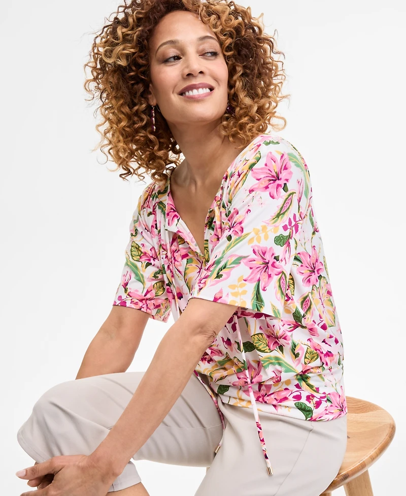 Jm Collection Petite Floral-Print Blouson Top, Exclusively at Macy's