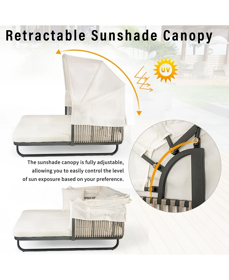 Mondawe 57" Outdoor Patio Daybed Rattan Sunbed with Detachable Pillows for