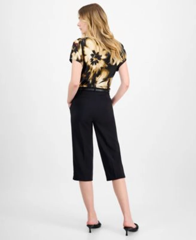 Anne Klein Womens Floral Print Cowlneck Short Sleeve Blouse Belted Pedal Pusher Urban Stretch Pull On Capri Pants