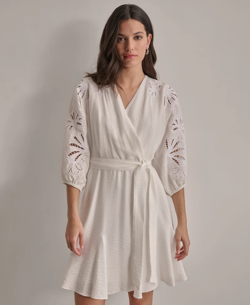 Dkny Women's V-neck Embroidered-trim Belted Dress