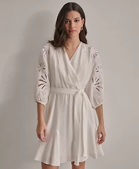 Dkny Women's V-neck Embroidered-trim Belted Dress