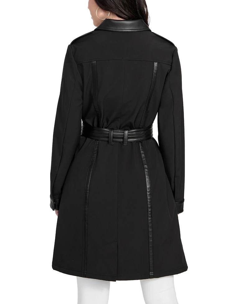 Guess Women's Faux-Leather-Trim Belted Trench Coat