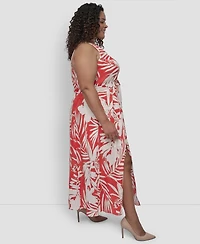 Dkny Plus Printed V-Neck Belted Sleeveless Dress