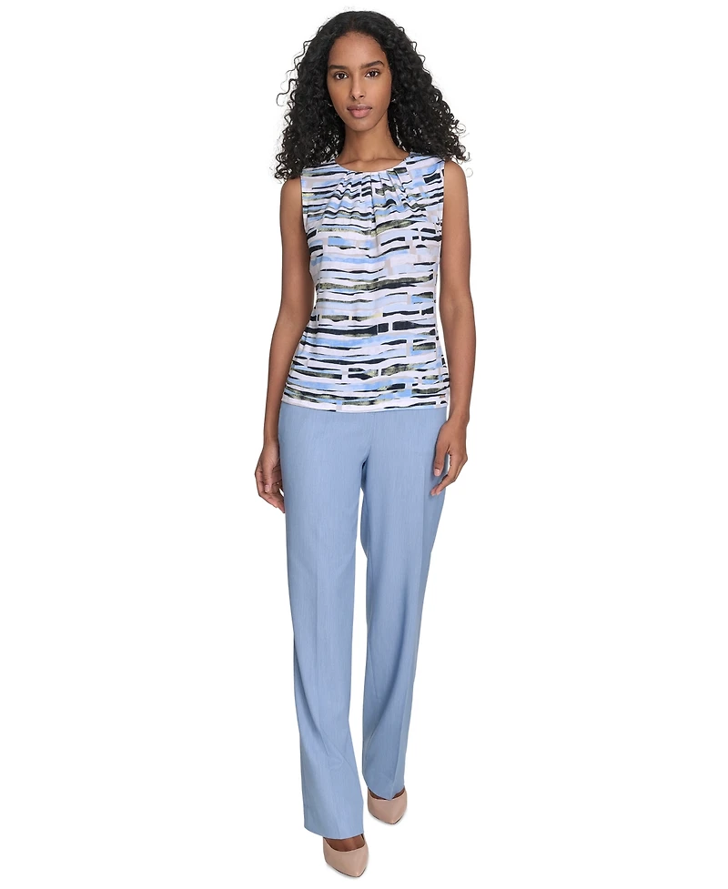 Calvin Klein Petite Striped Pleated-Neck Top